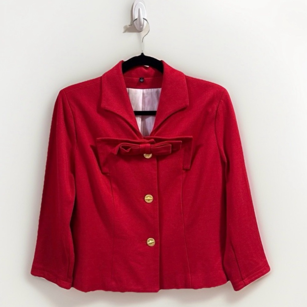 CAbi Sz 6 Beau Jacket Red Ponte Knit Bow Gold Buttons Love Carol Collection 3035